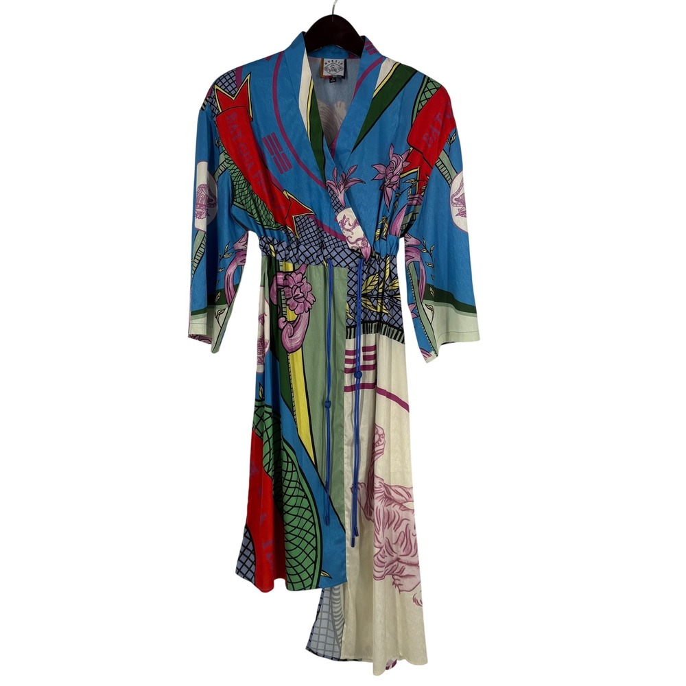 Mukzin Womens Asian Print Asymmetrical Wrap Dress Size S Retro Avant Garde